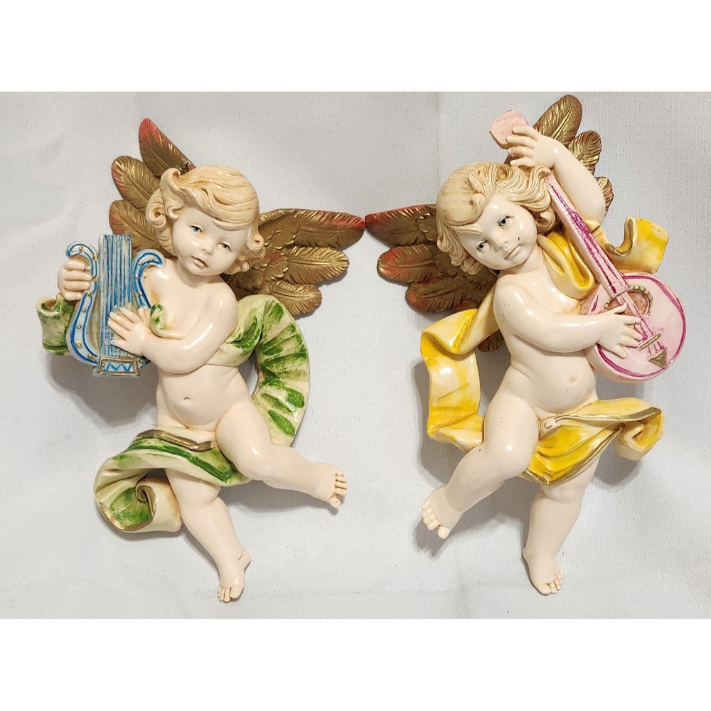 Vintage Simonelli Fontanini Cherub Angels Wall Decor Pair Italy 1984 Musical